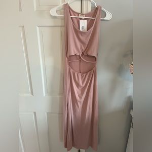Sleeveless Rib Blush Midi Dress with Criss Cross Strap Cutout & Side Slit - M